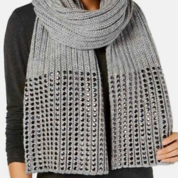 DKNY Women’s Chunky Knit Heather Gray Studded Ribbed Oversized Scarf - Picture 2 of 10